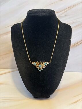 Scitarelli Creations by Phyllis Gold Filigree Necklace with Blue Crystals 15”